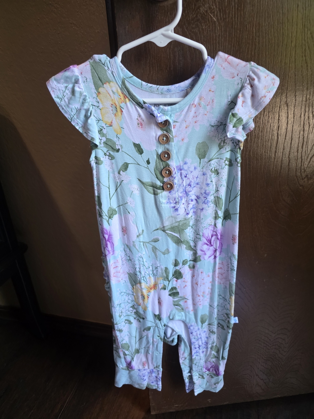 Posh Peanut Mint Floral Short-Sleeve One-Piece with Wooden Buttons